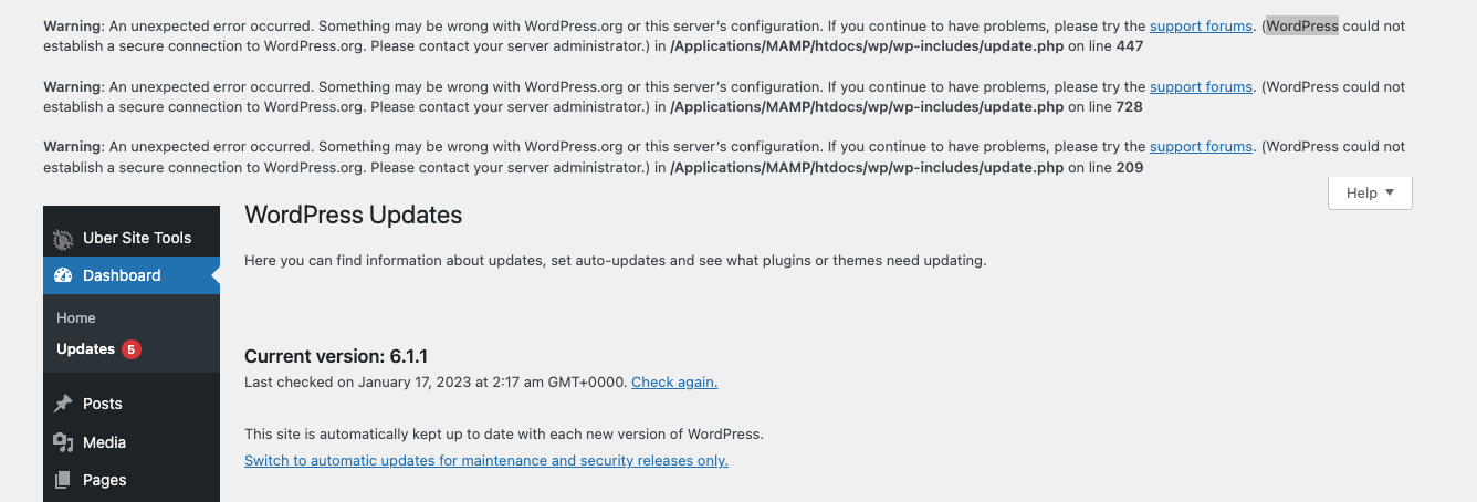 MAMP showing WordPress errors and unable to update or install plugins.
